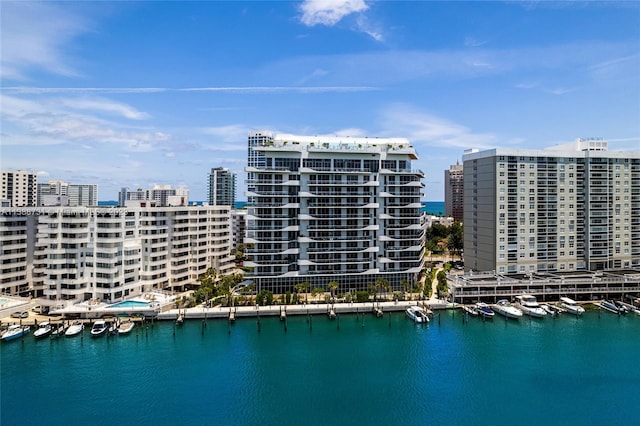 aerial view featuring a water view