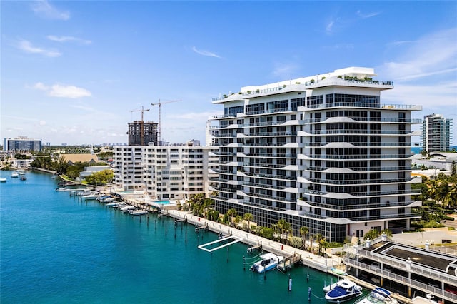 view of building exterior with a water view