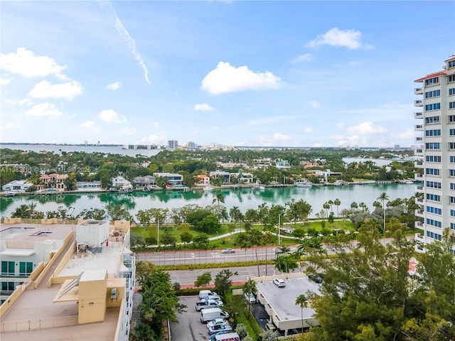 aerial view featuring a water view