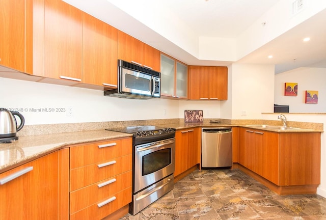 kitchen featuring stainless steel appliances, dark tile floors, sink, and light stone counters