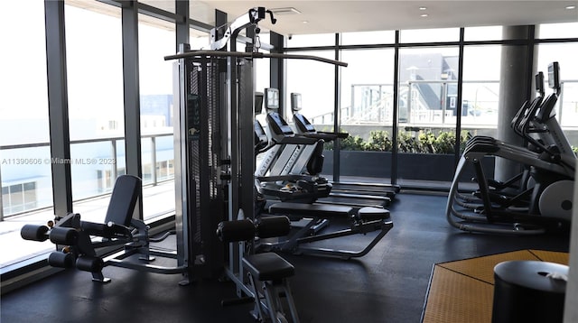 workout area featuring a notable chandelier and a wealth of natural light