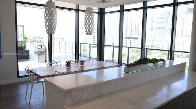 interior space featuring dark hardwood / wood-style floors, expansive windows, pendant lighting, and a wealth of natural light