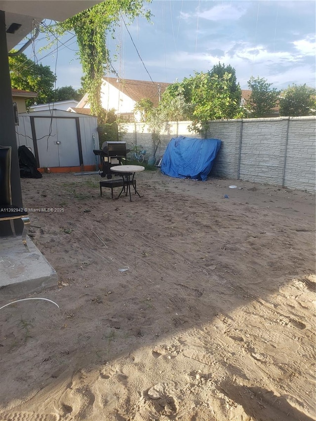 view of yard featuring a shed