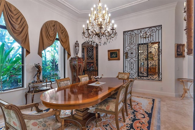 tiled dining space featuring ornamental molding and a notable chandelier