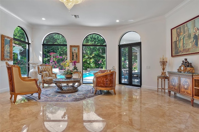 living area featuring light tile floors, an inviting chandelier, french doors, and ornamental molding