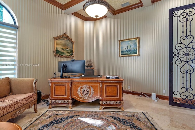 office area featuring coffered ceiling and light tile floors