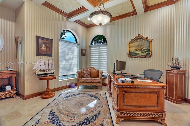 office with coffered ceiling, ornamental molding, light tile floors, and beamed ceiling