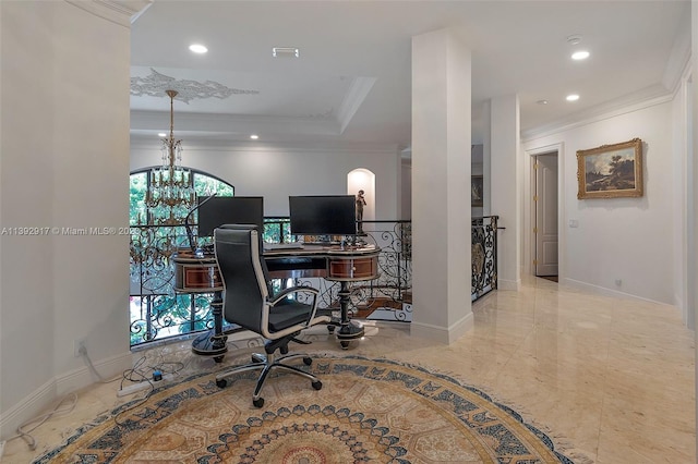 tiled office space with a raised ceiling, ornamental molding, and an inviting chandelier