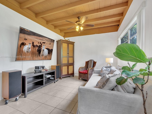 tiled living room featuring beam ceiling, ceiling fan, and wooden ceiling