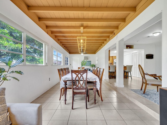 tiled dining space featuring wooden ceiling and beam ceiling