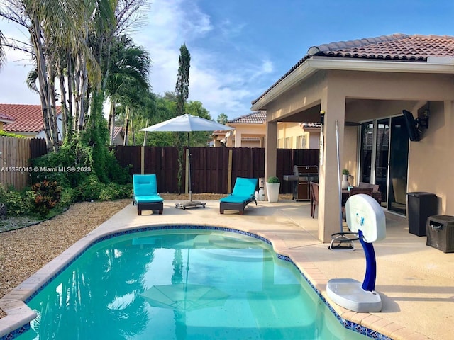 view of swimming pool with a grill and a patio