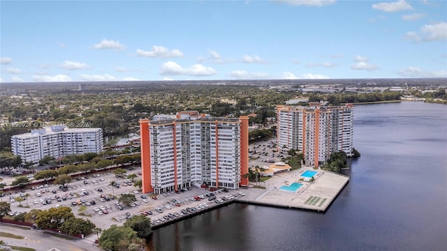 aerial view with a water view and a city view