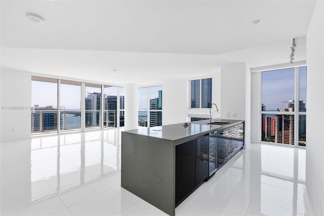 kitchen featuring a center island with sink, expansive windows, light tile floors, and sink