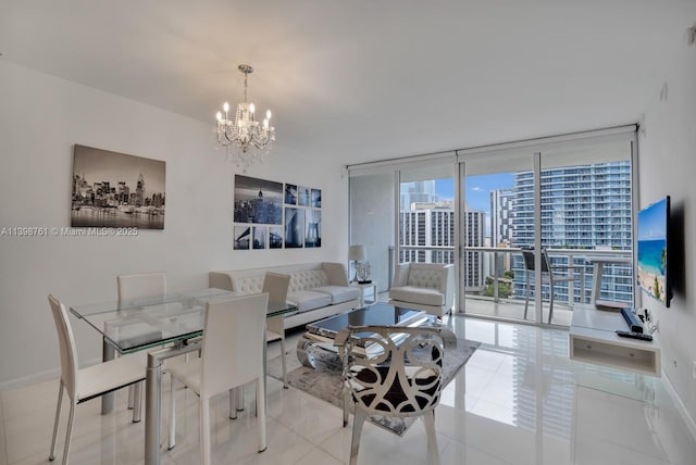 living room with light tile patterned floors, a wall of windows, and an inviting chandelier