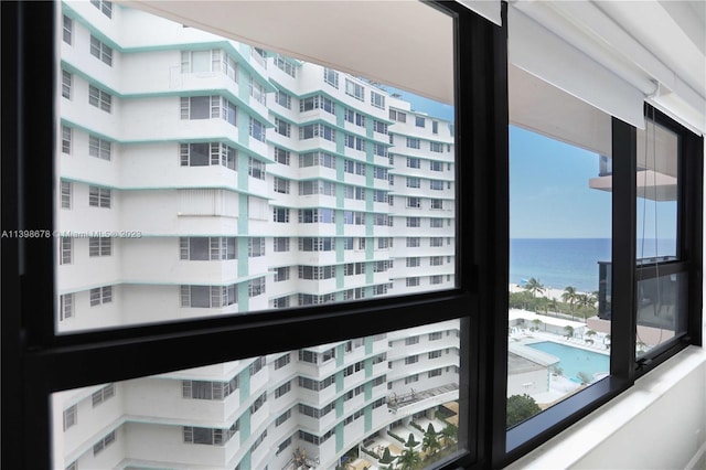 interior space with a water view