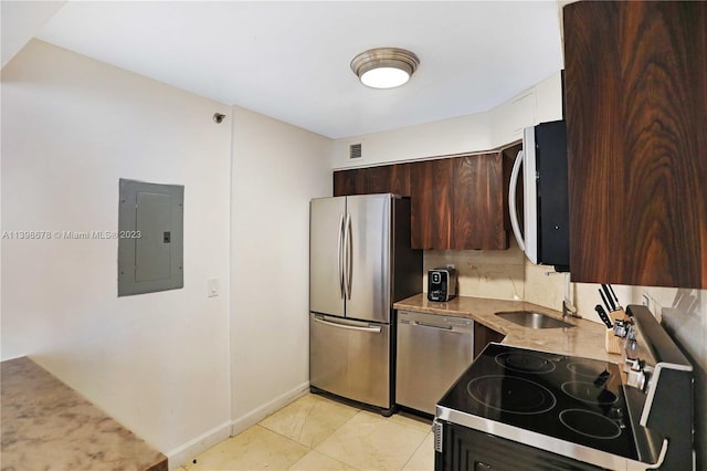 kitchen with tasteful backsplash, dark brown cabinetry, stainless steel appliances, sink, and electric panel