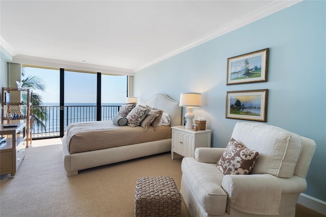 carpeted bedroom featuring expansive windows, crown molding, access to exterior, and a water view