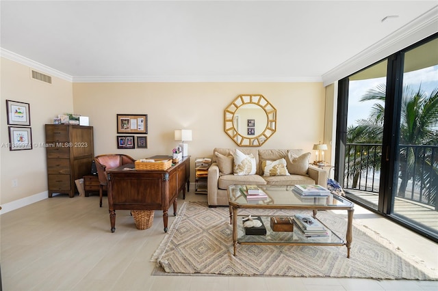 living room with crown molding and a wealth of natural light