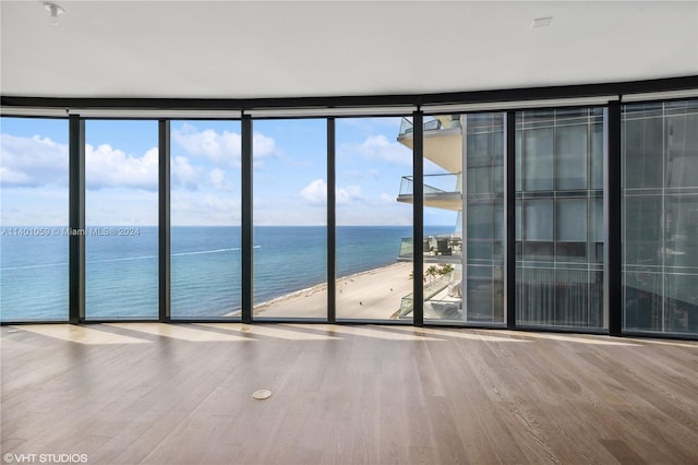 unfurnished room featuring a water view, light hardwood / wood-style flooring, and plenty of natural light