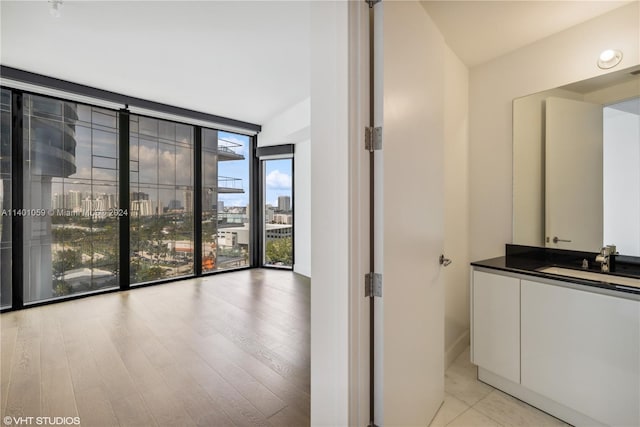 bathroom with expansive windows, vanity with extensive cabinet space, and hardwood / wood-style flooring