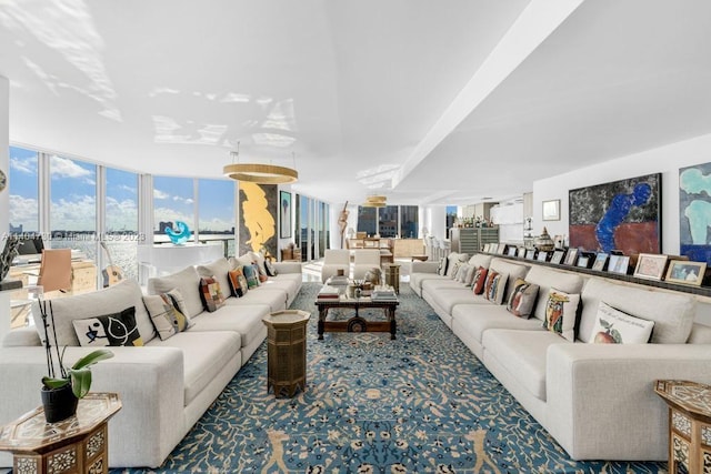 carpeted living room with a wall of windows