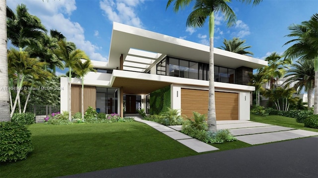 contemporary house with a front yard and a garage