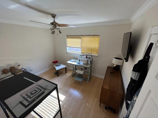 interior space featuring ornamental molding, ceiling fan, and light wood-type flooring