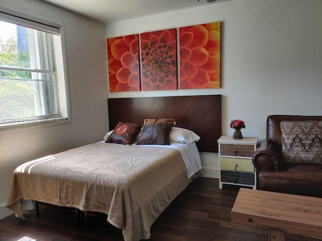 bedroom with dark hardwood / wood-style flooring