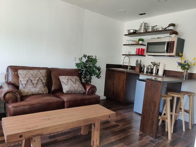 living room with sink and dark hardwood / wood-style flooring