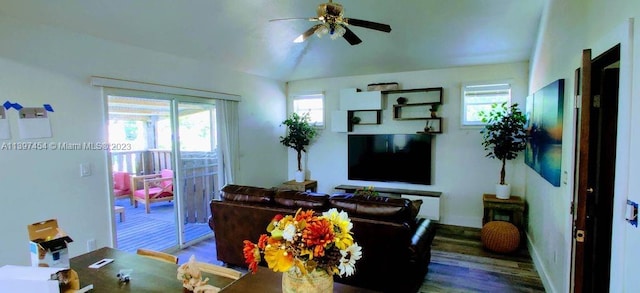 living room with a healthy amount of sunlight, ceiling fan, dark wood-type flooring, and lofted ceiling