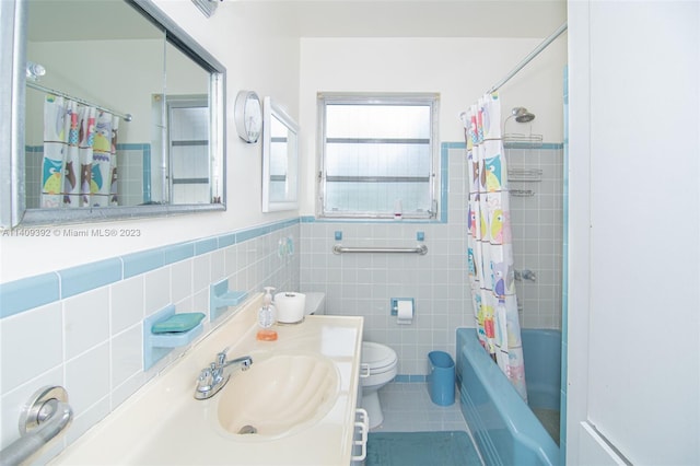 full bathroom featuring tile walls, toilet, backsplash, shower / tub combo with curtain, and tile flooring