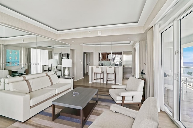 living room featuring a tray ceiling and light wood-type flooring