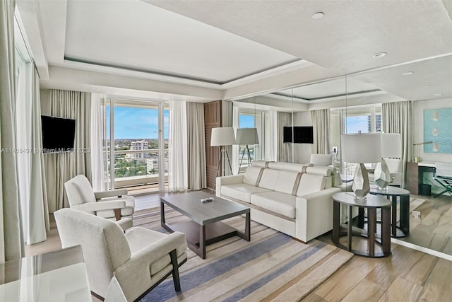 living room featuring a tray ceiling and light wood-type flooring