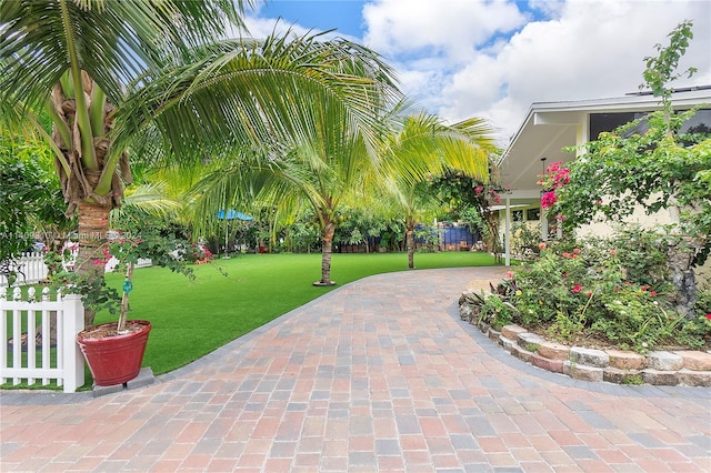 view of community featuring a patio and a lawn