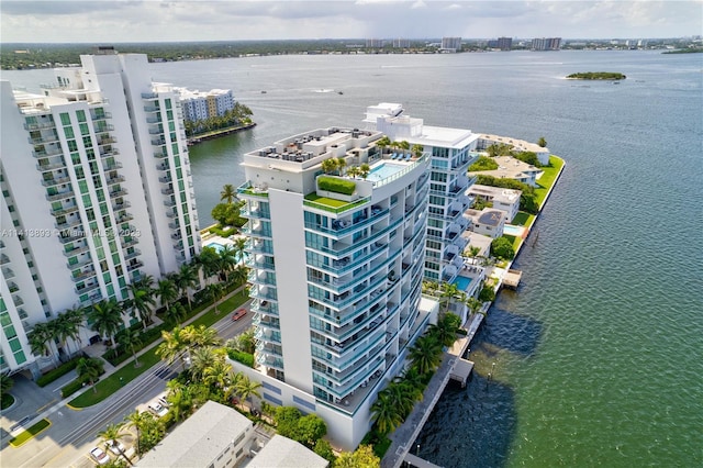 drone / aerial view featuring a water view