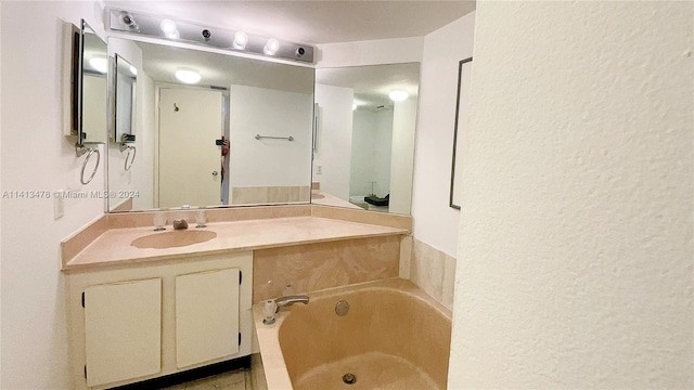 bathroom featuring vanity with extensive cabinet space and a bathing tub