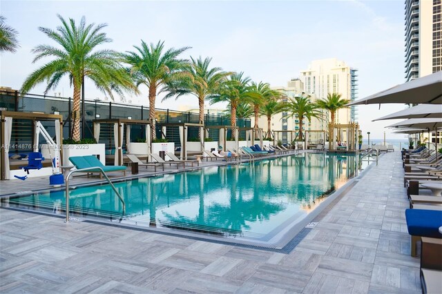 view of swimming pool featuring a patio area