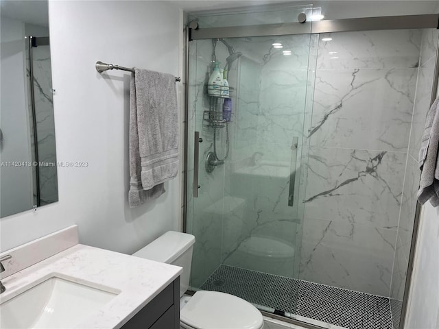 bathroom featuring toilet, vanity, and a shower with shower door