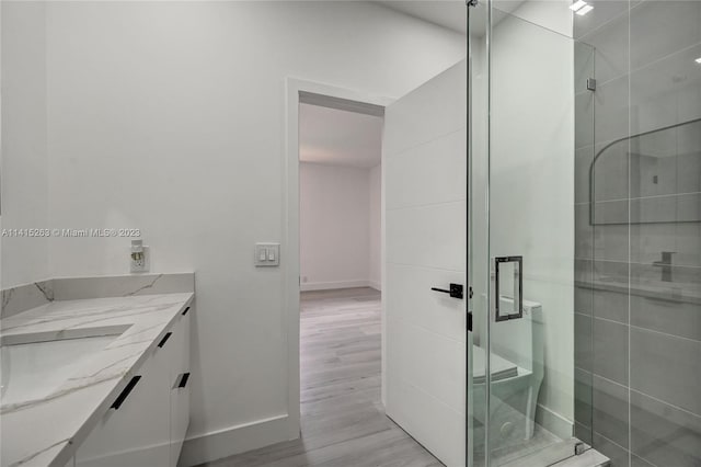 bathroom featuring an enclosed shower, vanity, and wood-type flooring