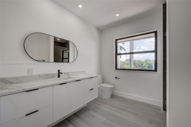 bathroom featuring wood-type flooring, toilet, and vanity