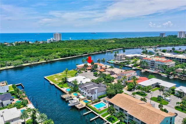 aerial view featuring a water view