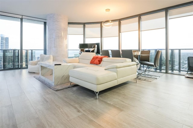 living room with expansive windows, a healthy amount of sunlight, and light wood-type flooring