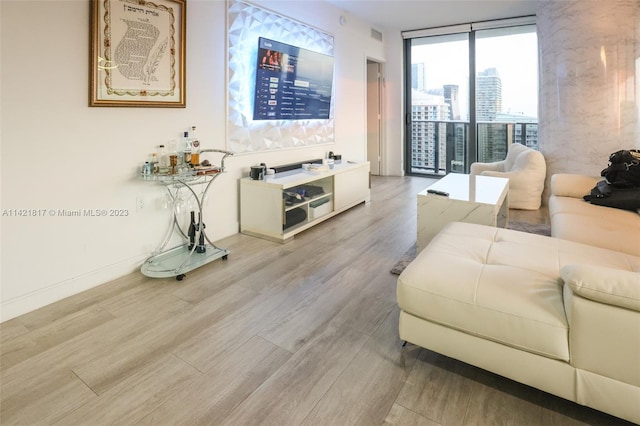 living room featuring floor to ceiling windows and light hardwood / wood-style flooring