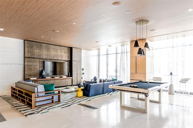 playroom with light tile flooring, a wall of windows, and billiards