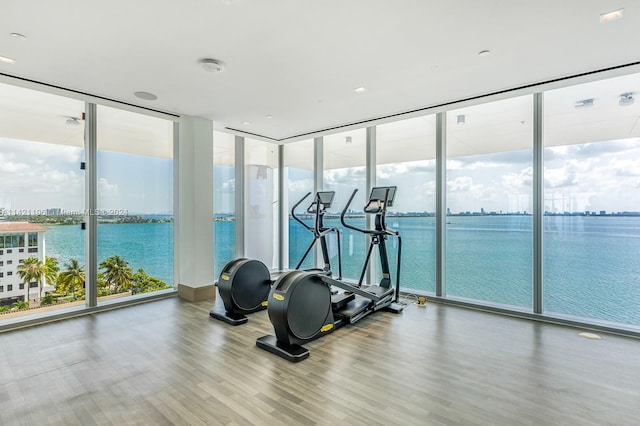 workout area featuring a water view, wood-type flooring, and floor to ceiling windows