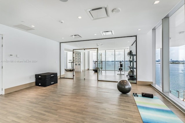 exercise room with expansive windows and light hardwood / wood-style flooring