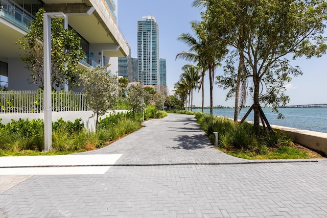 view of street with a water view