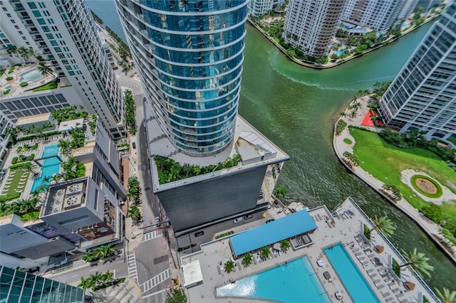 aerial view featuring a water view