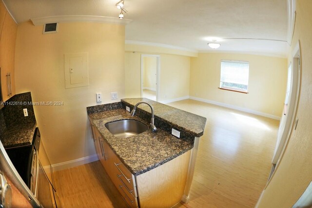 kitchen featuring dark stone counters, crown molding, light hardwood / wood-style floors, and sink