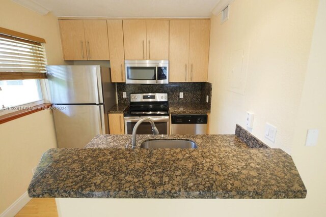 kitchen featuring kitchen peninsula, sink, stainless steel appliances, dark stone counters, and tasteful backsplash